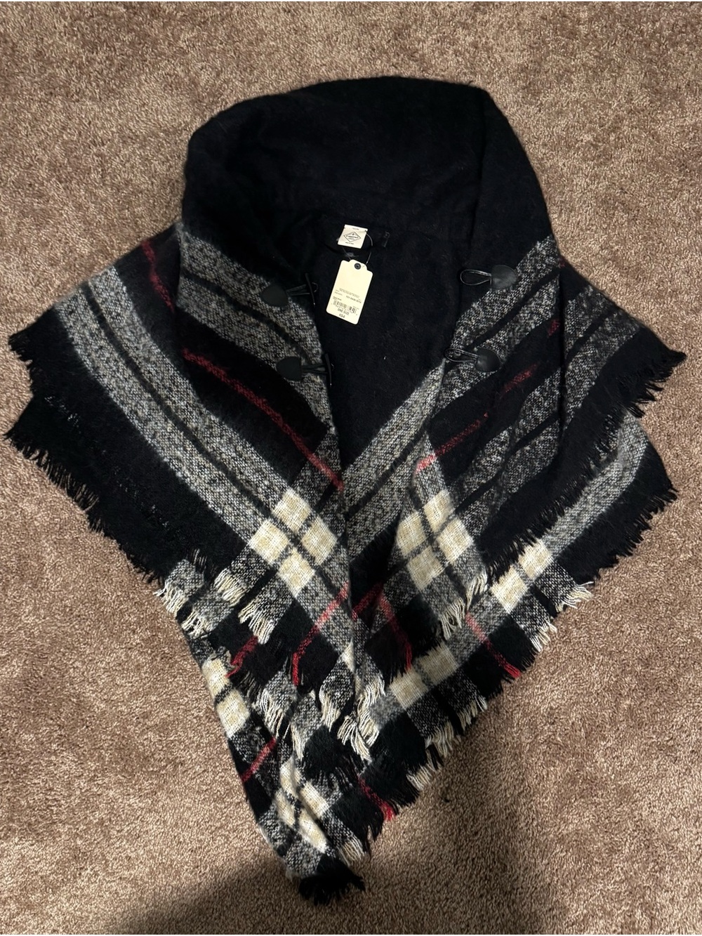 St. John's Bay Black Sweater Blanket Black w/ Gray Plaid Accents Warm Poncho